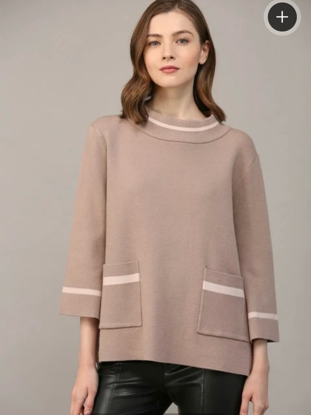 Fate Taupe mock neck front Pockets Sweater with Cream Stripes